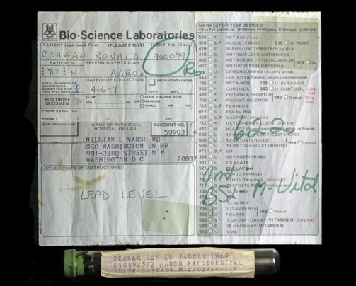 drop of President Ronald Reagan's blood PFC Auctions/Reuters - The lab slip for the vial that PFC Auctions says contains a drop of President Ronald Reagan's blood.