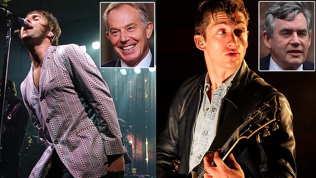 Political stamp of approval ... Tony Blair (inset left) was a fan of Oasis, while Gordon Brown (inset right) liked the Arctic Monkeys.